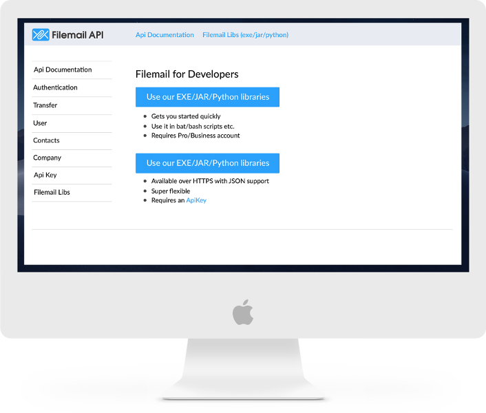 Filemail offers an extensive set of API endpoints that you may use to send and receive large files. Our own apps use these APIs – and so can you.